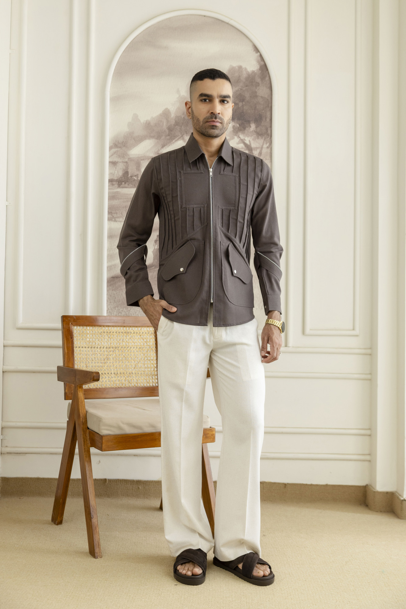 Pintex Zip Linen Shacket In Grey