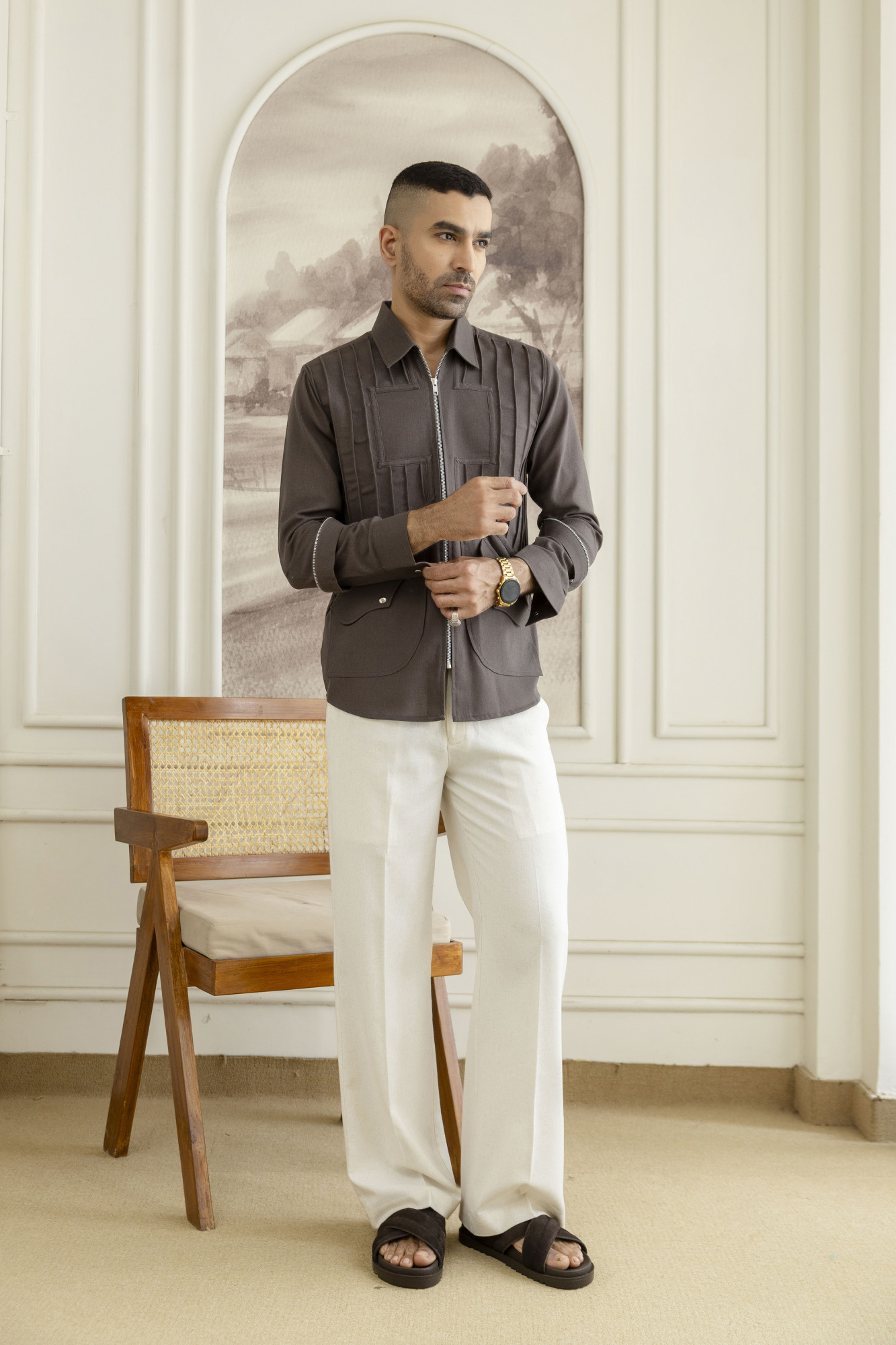 Pintex Zip Linen Shacket In Grey