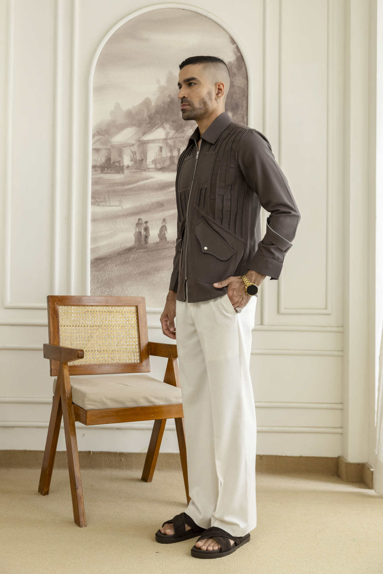 Pintex Zip Linen Shacket In Grey