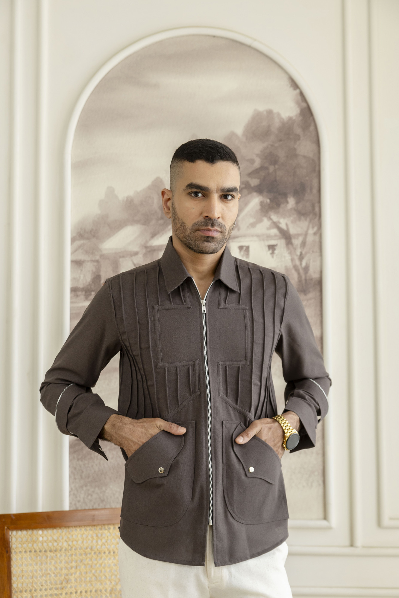 Pintex Zip Linen Shacket In Grey