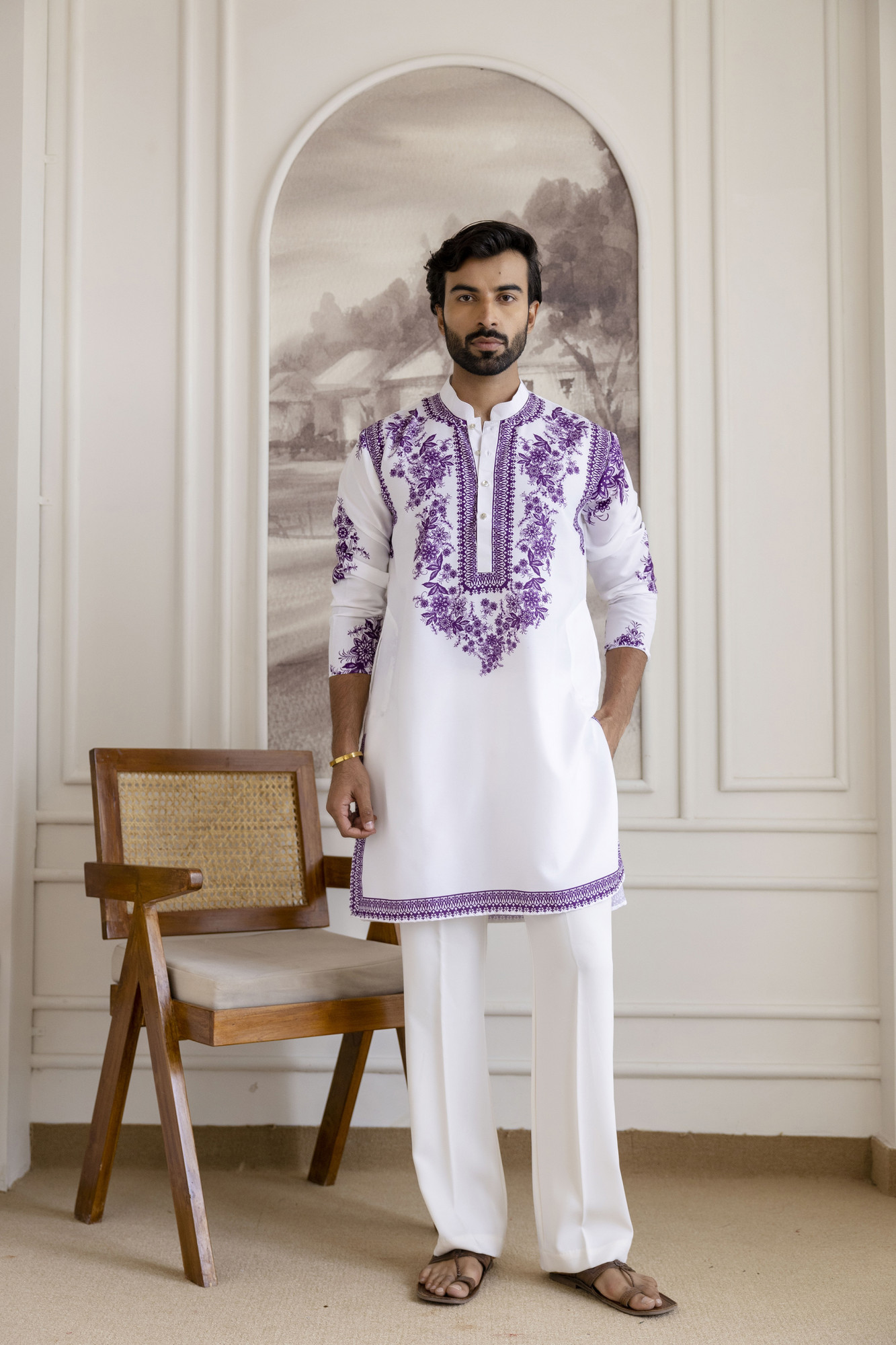 Neck Work Printed Kurta In White