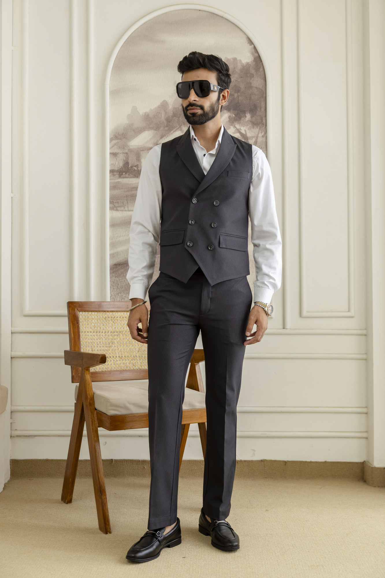 Striped Double Breasted Waistcoat In Black