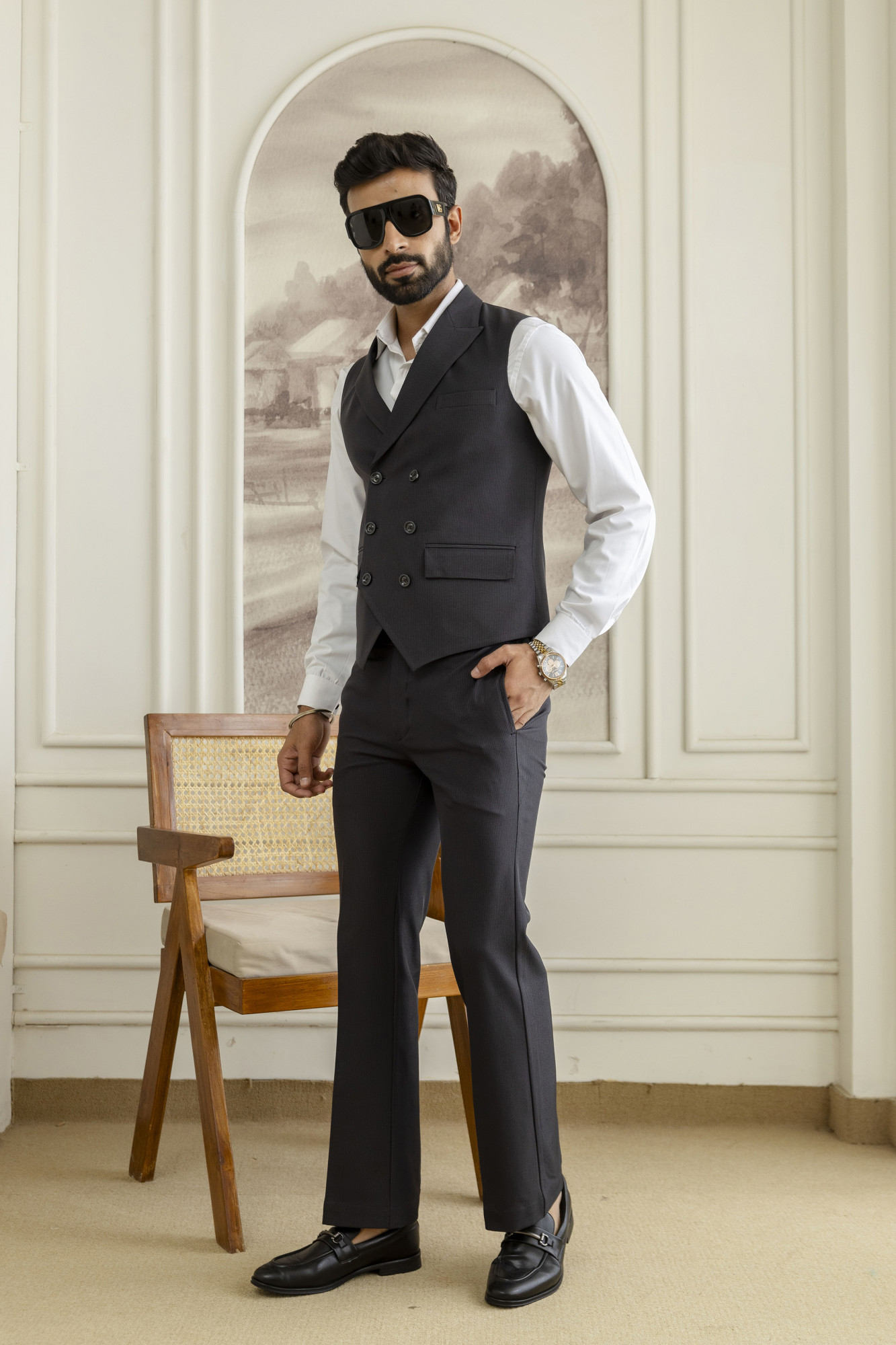 Striped Double Breasted Waistcoat In Black