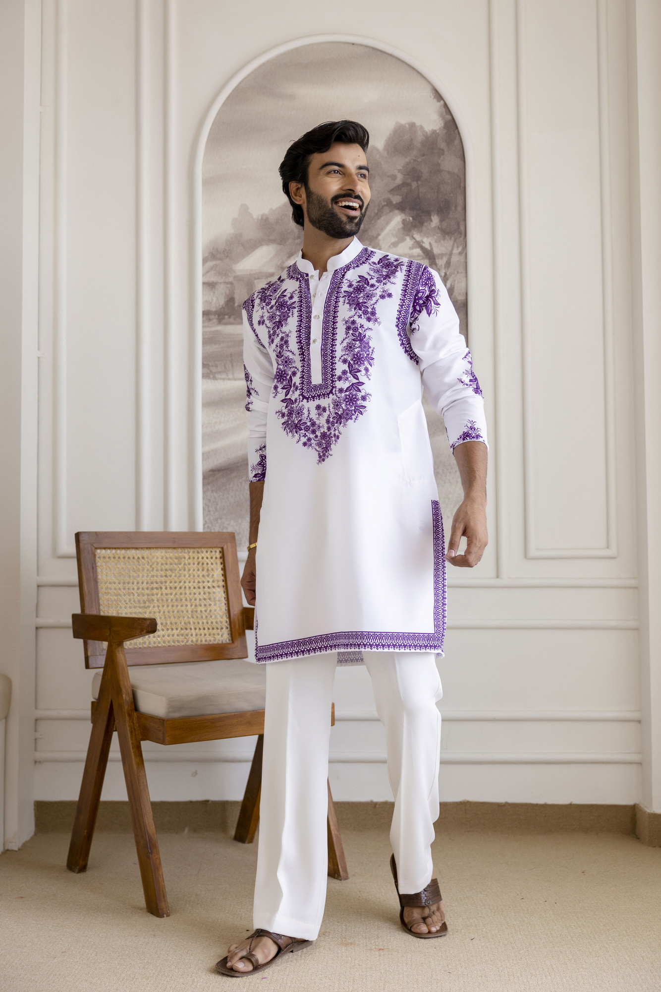 Neck Work Printed Kurta In White