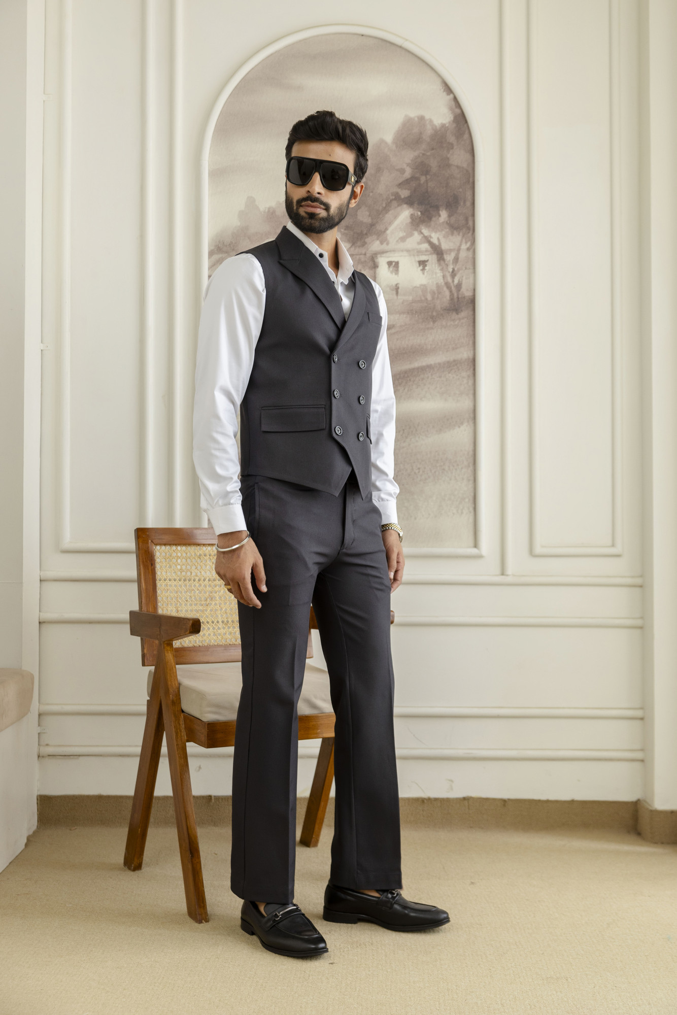 Striped Double Breasted Waistcoat In Black