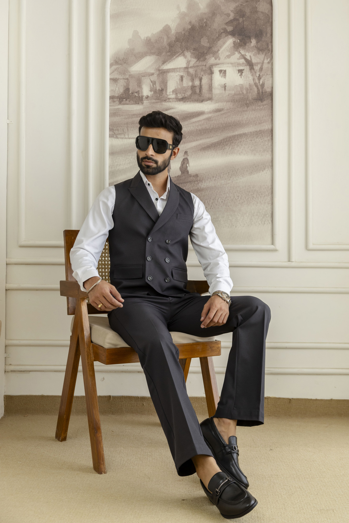 Striped Double Breasted Waistcoat In Black