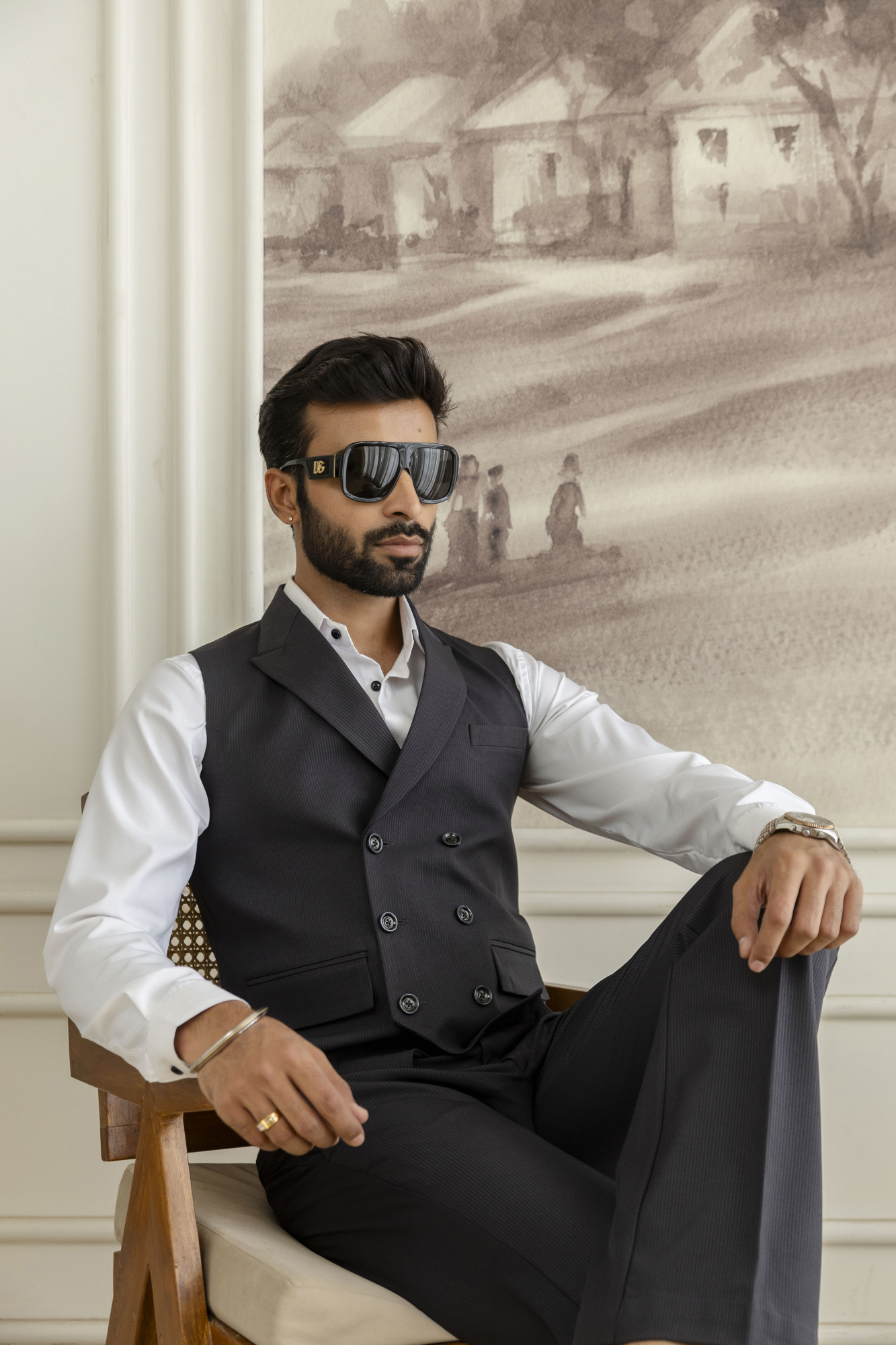 Striped Double Breasted Waistcoat In Black