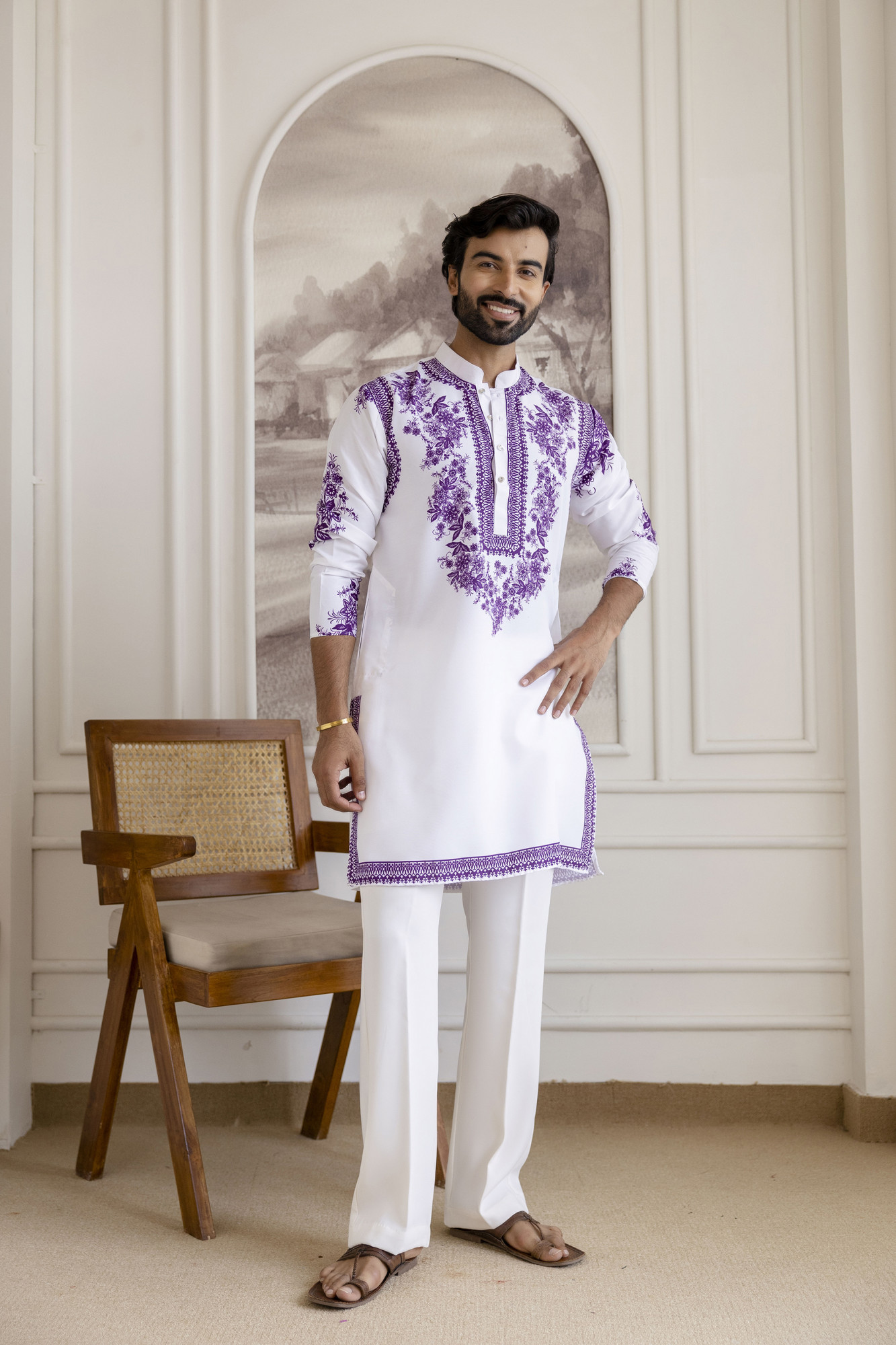 Neck Work Printed Kurta In White
