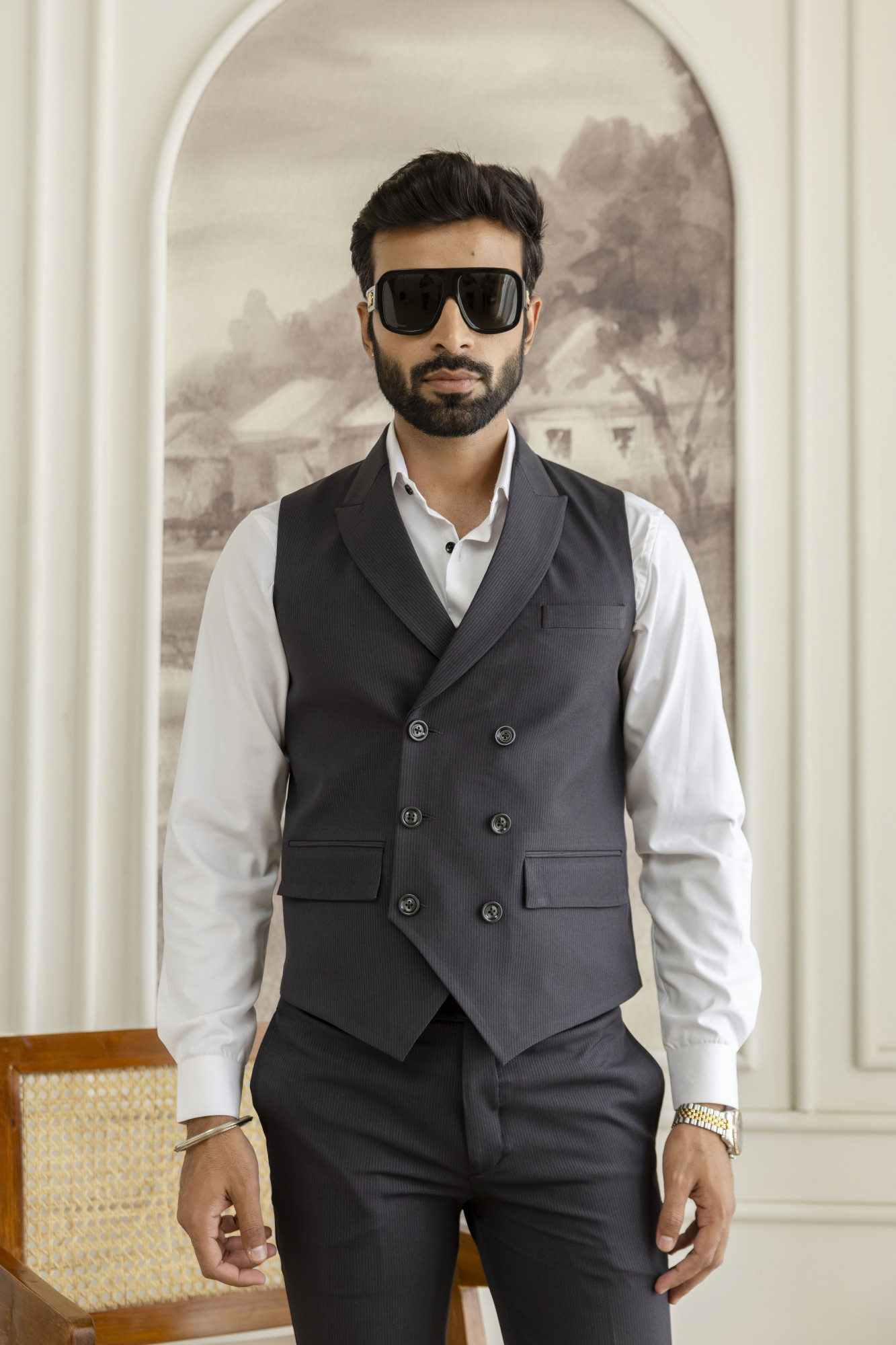 Striped Double Breasted Waistcoat In Black