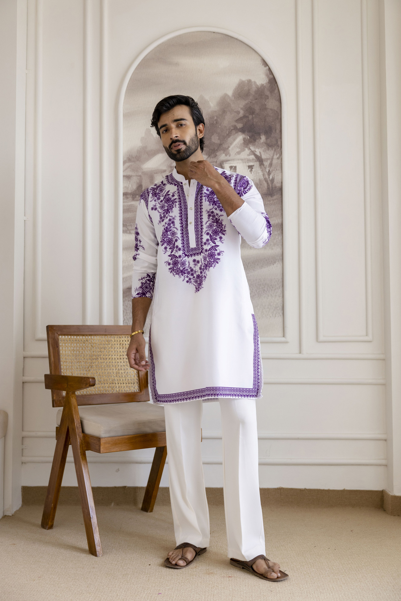 Neck Work Printed Kurta In White