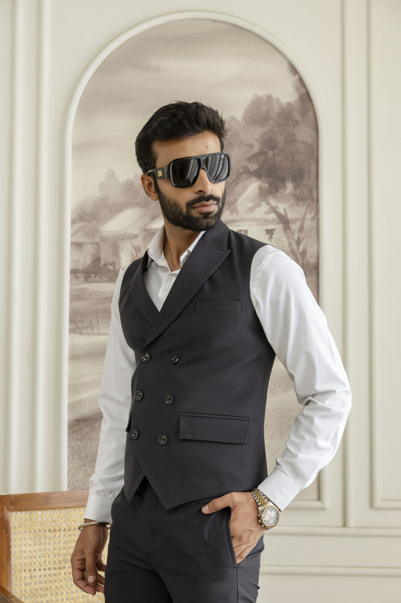 Striped Double Breasted Waistcoat In Black