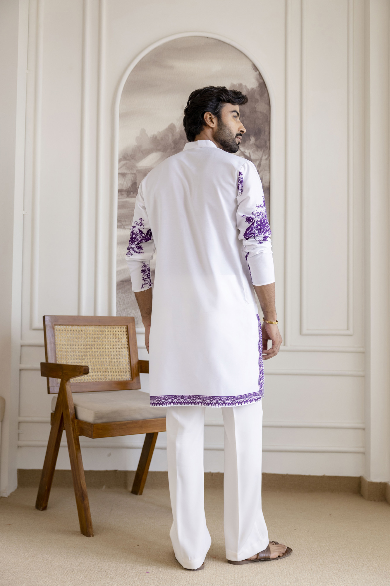 Neck Work Printed Kurta In White