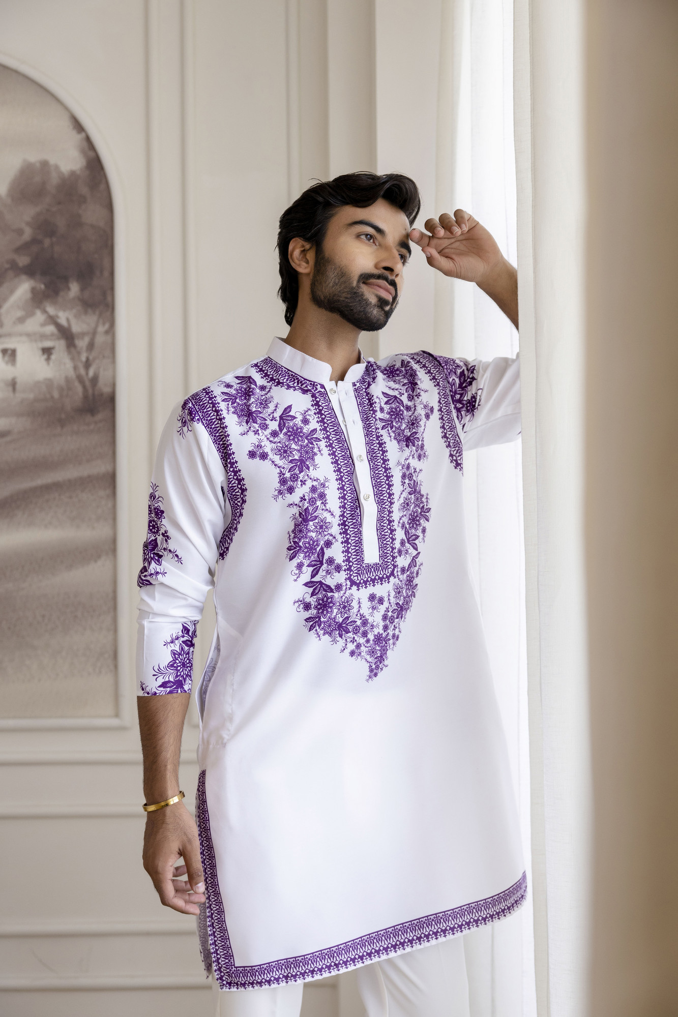 Neck Work Printed Kurta In White