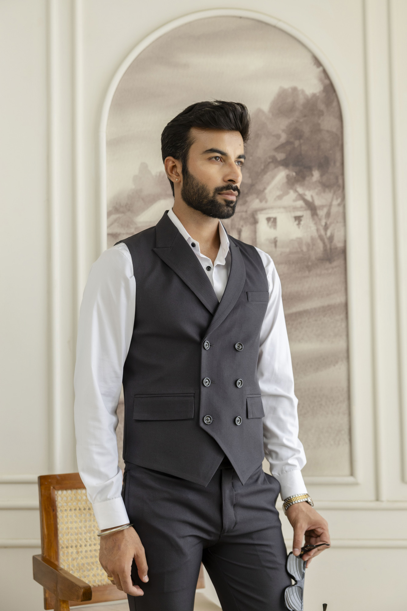 Striped Double Breasted Waistcoat In Black