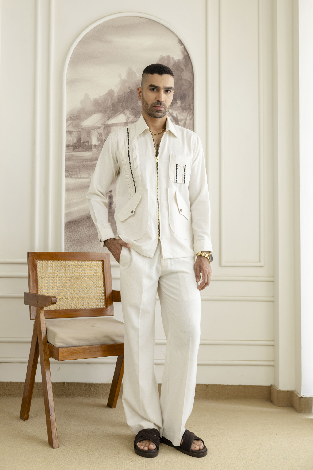 Zip Laced Linen Shacket In Off White