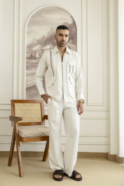 Zip Laced Linen Shacket In Off White