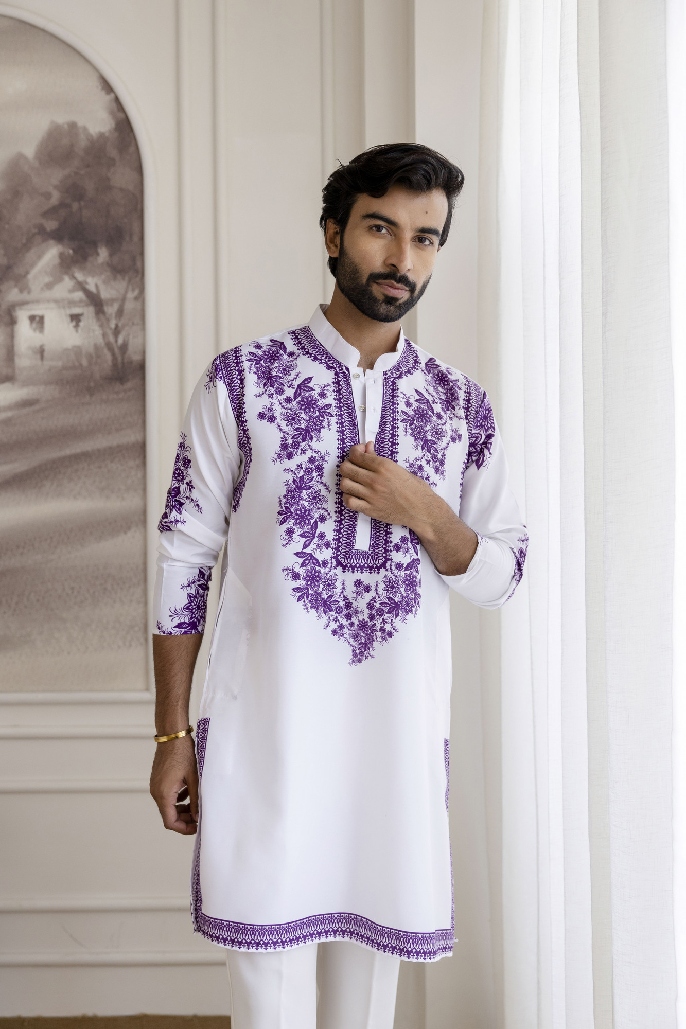Neck Work Printed Kurta In White