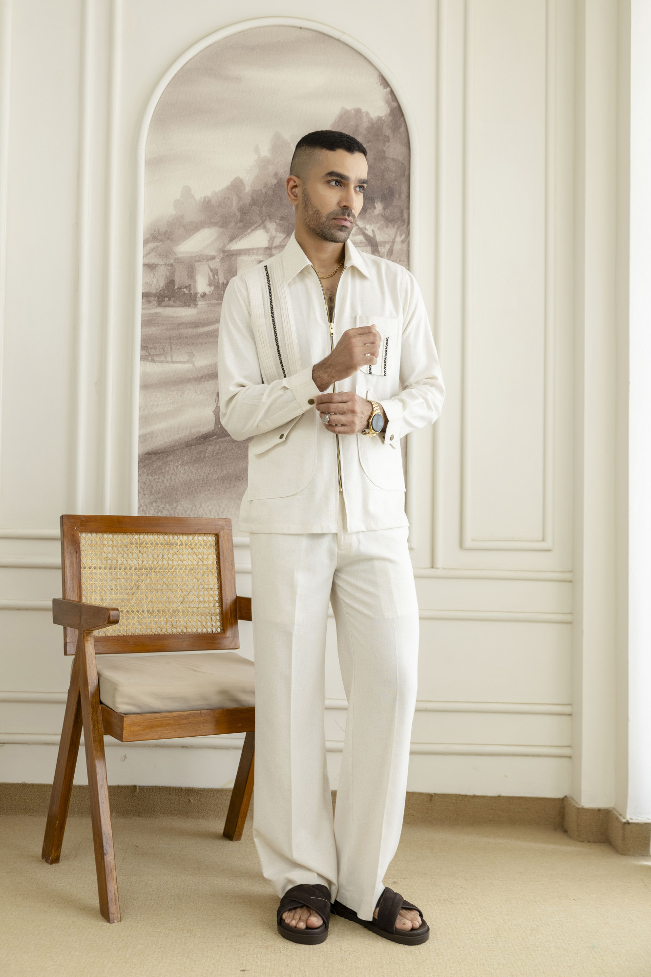 Zip Laced Linen Shacket In Off White