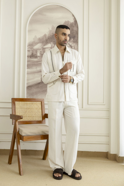 Zip Laced Linen Shacket In Off White