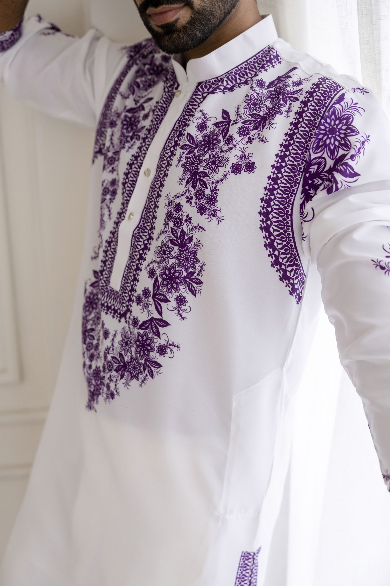 Neck Work Printed Kurta In White