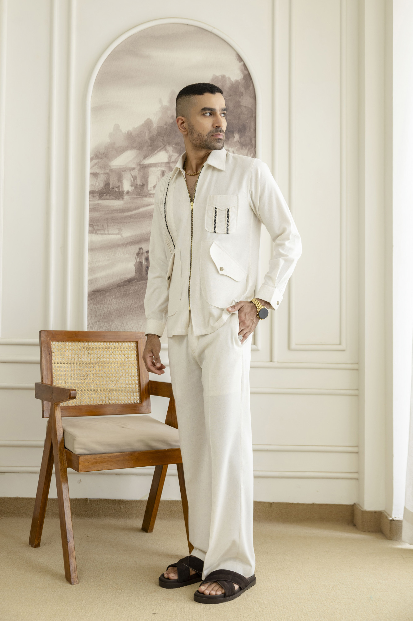 Zip Laced Linen Shacket In Off White