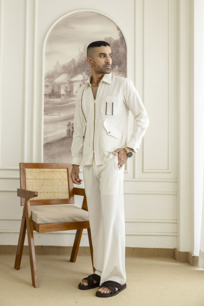 Zip Laced Linen Shacket In Off White