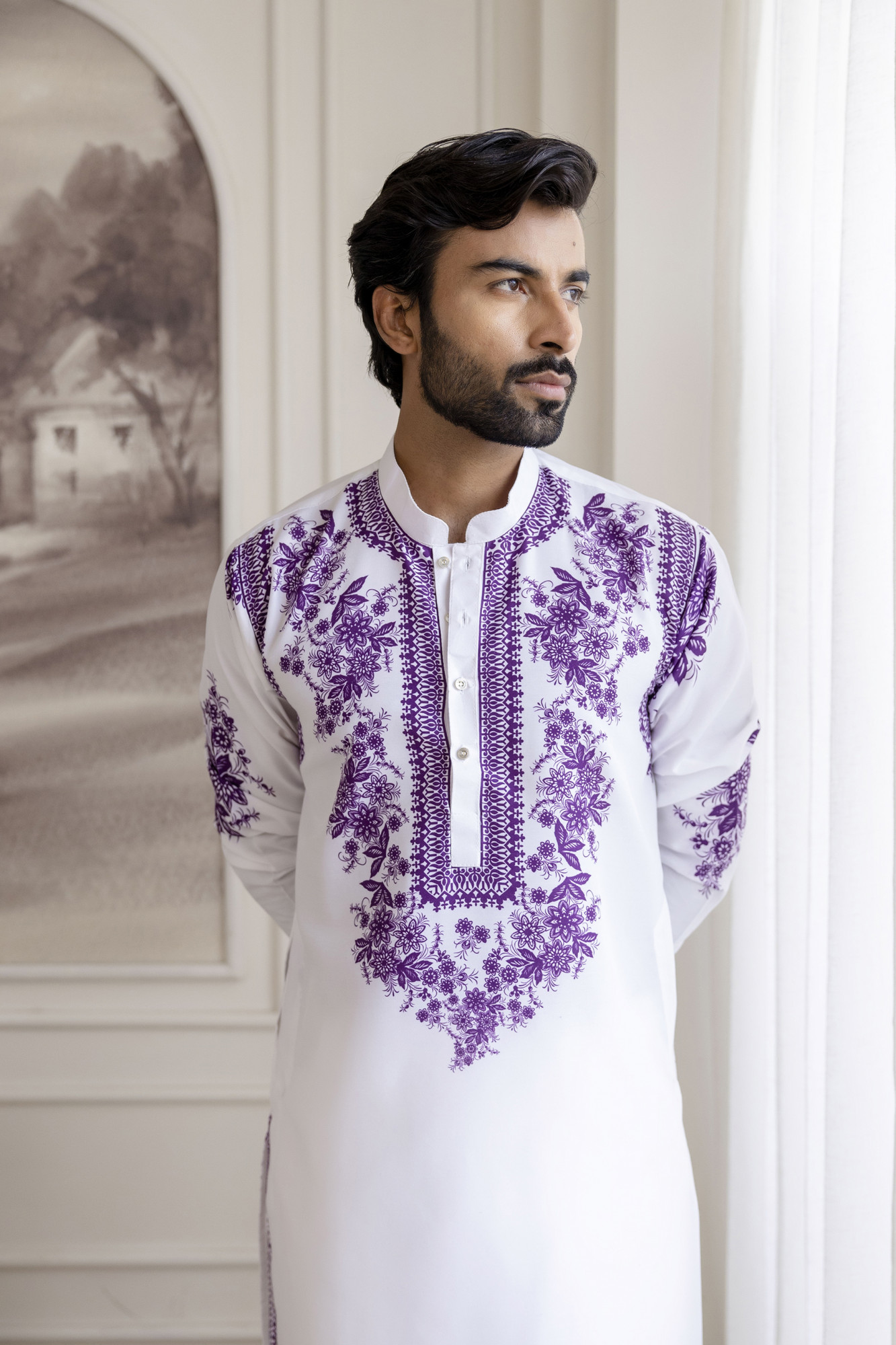 Neck Work Printed Kurta In White