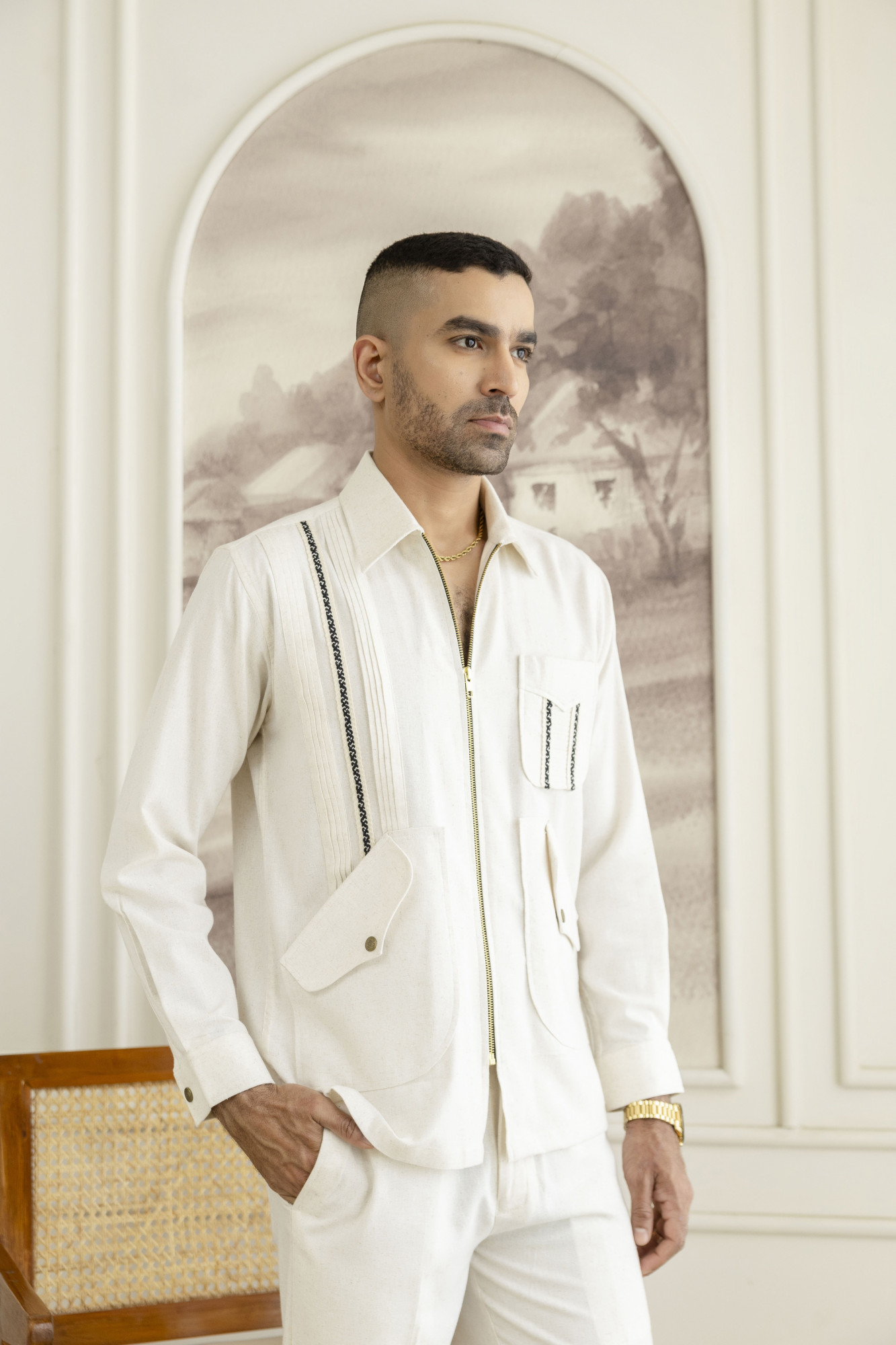 Zip Laced Linen Shacket In Off White