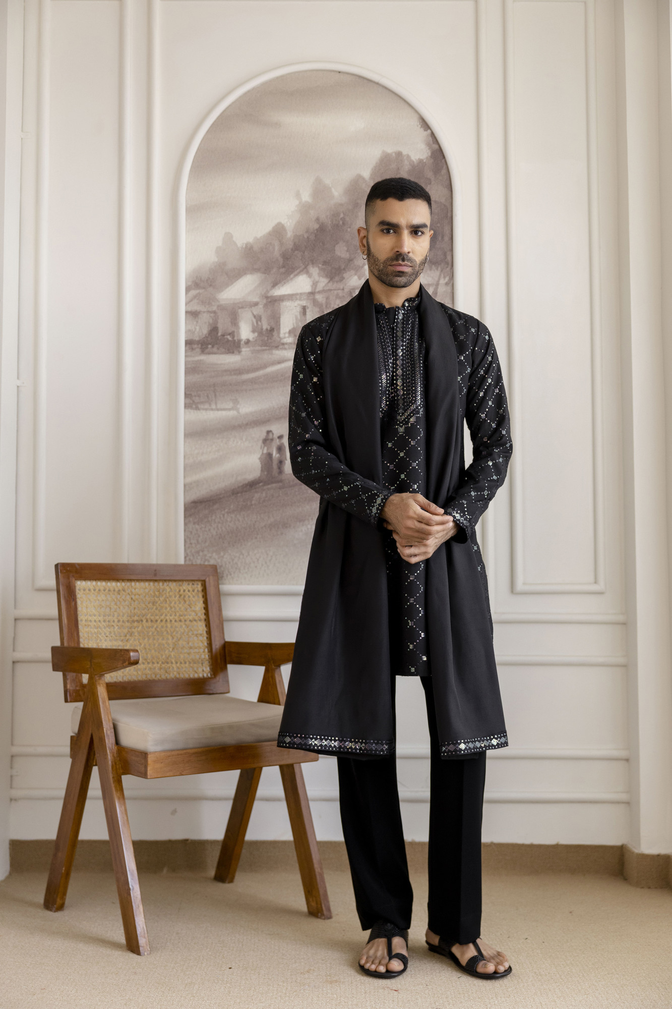 Sequence Work Kurta With Dupatta In Black