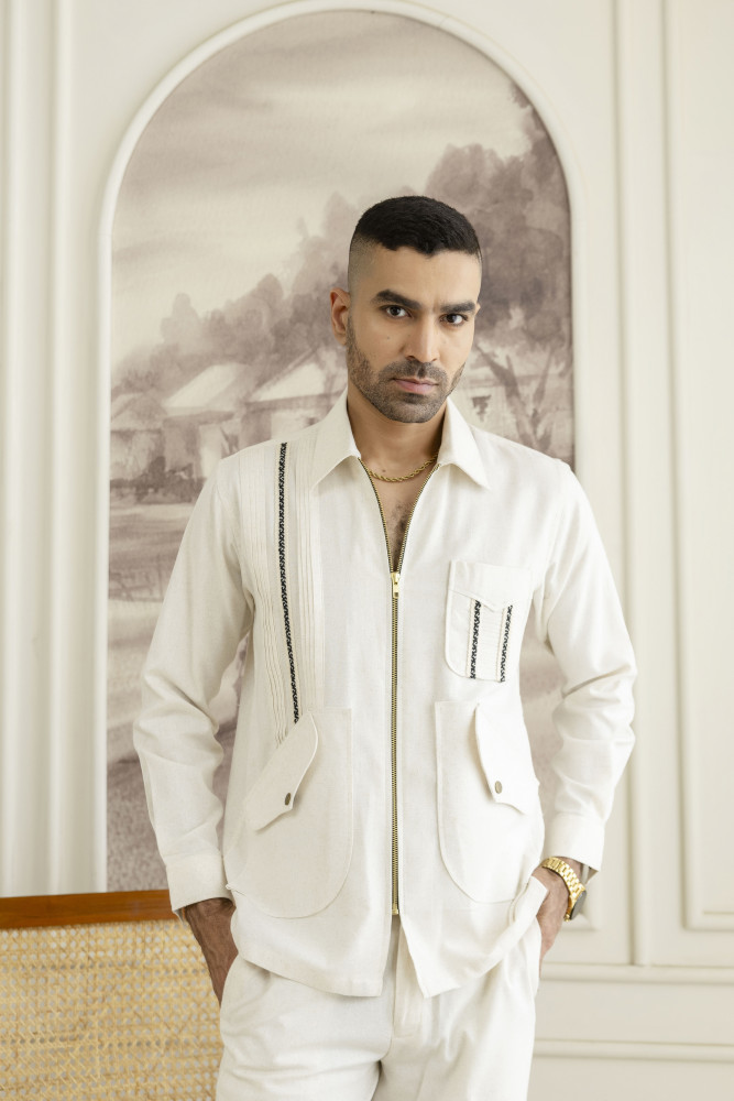 Image of Zip Laced Linen Shacket In Off White