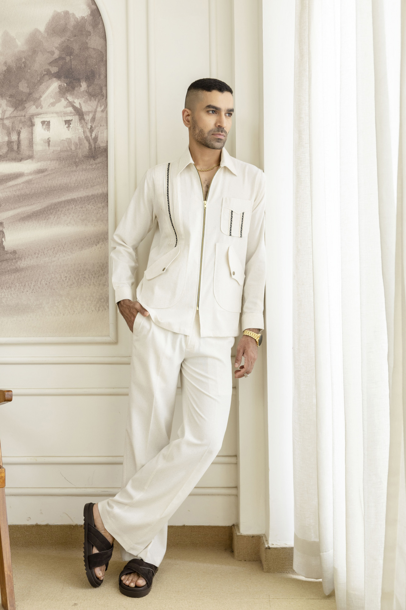 Zip Laced Linen Shacket In Off White