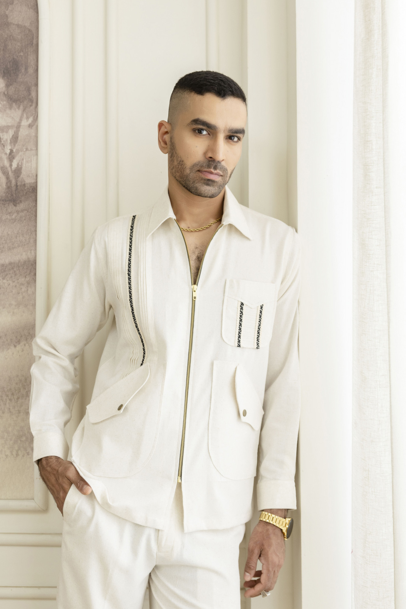 Zip Laced Linen Shacket In Off White