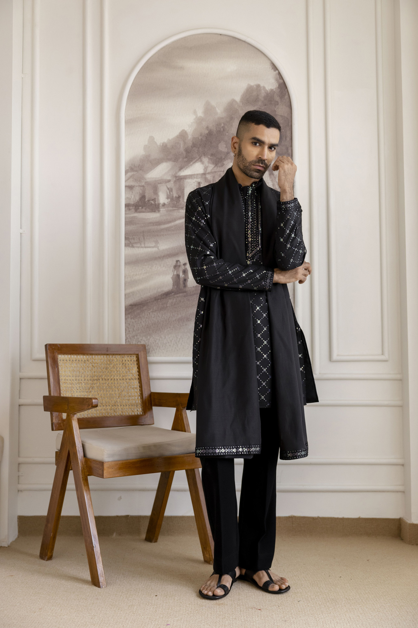 Sequence Work Kurta With Dupatta In Black