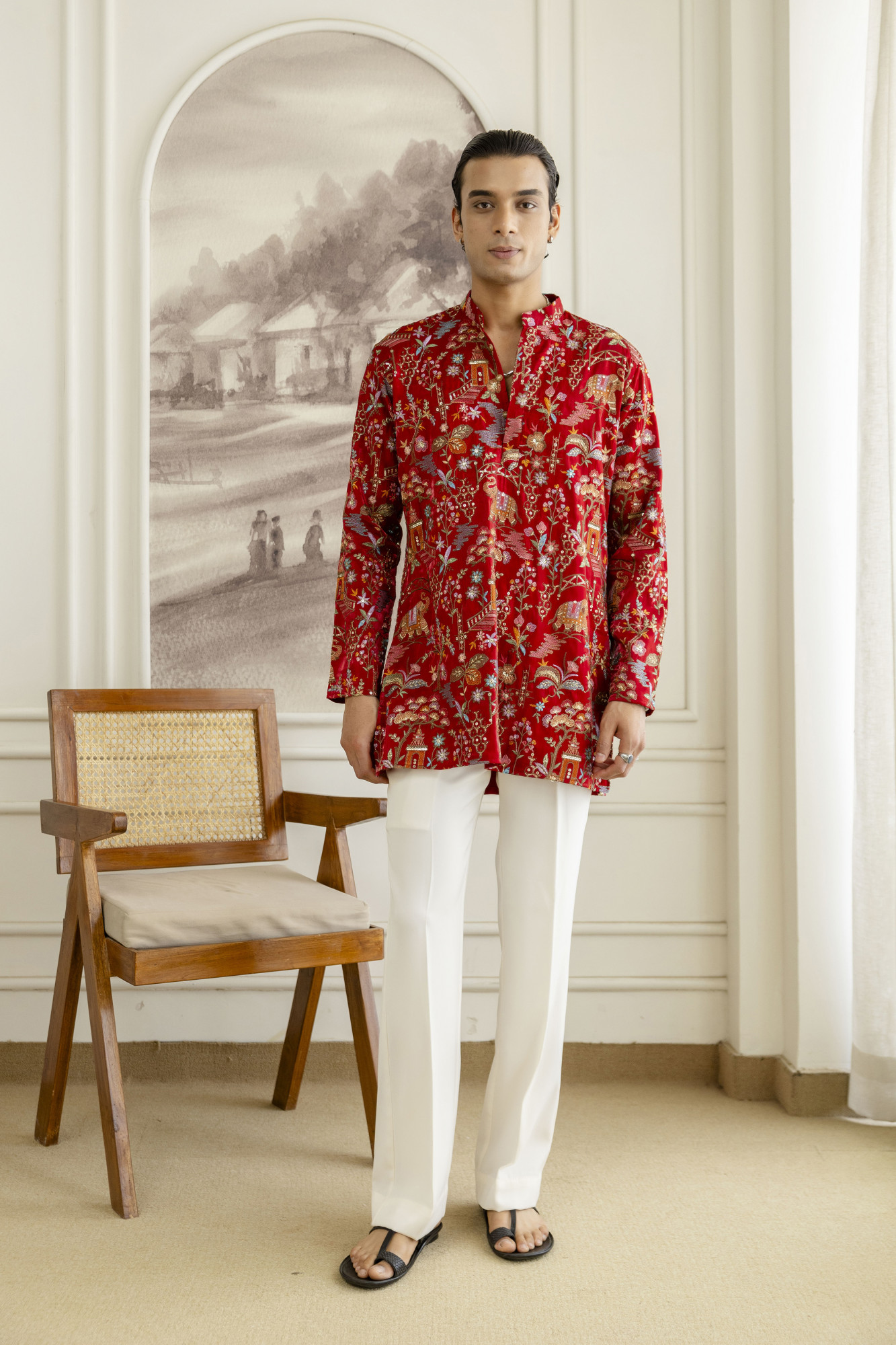Embroidered Short Kurta In Red Silk