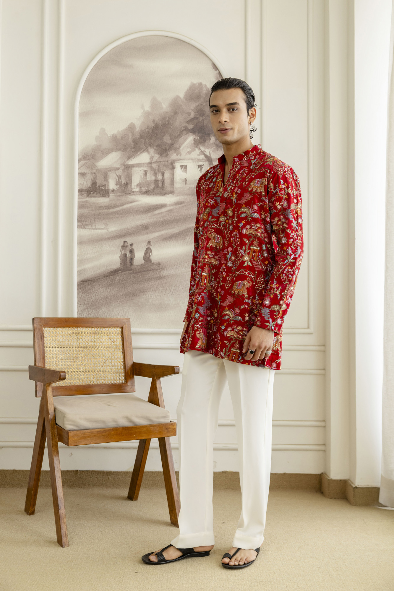 Embroidered Short Kurta In Red Silk
