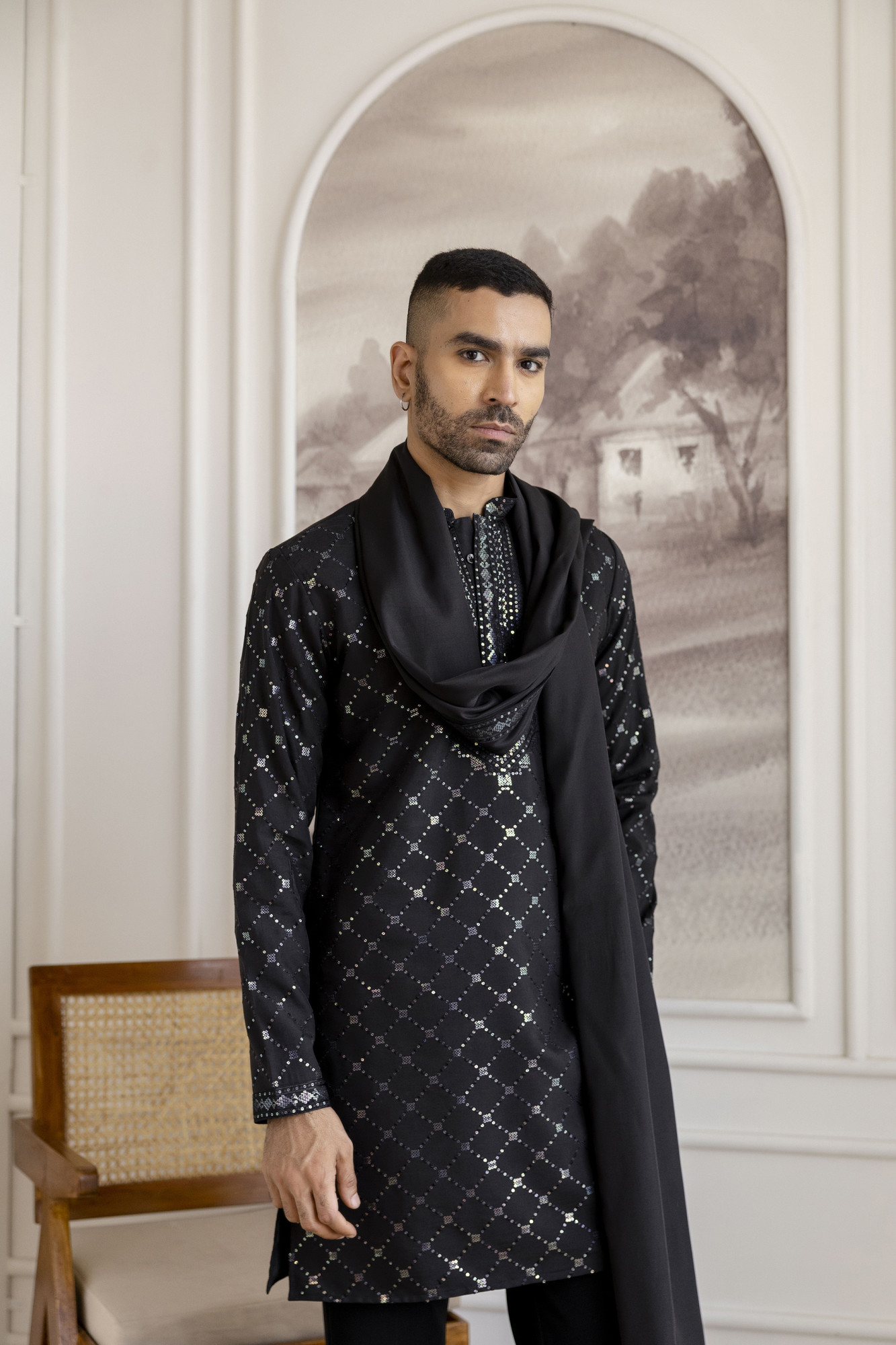 Sequence Work Kurta With Dupatta In Black