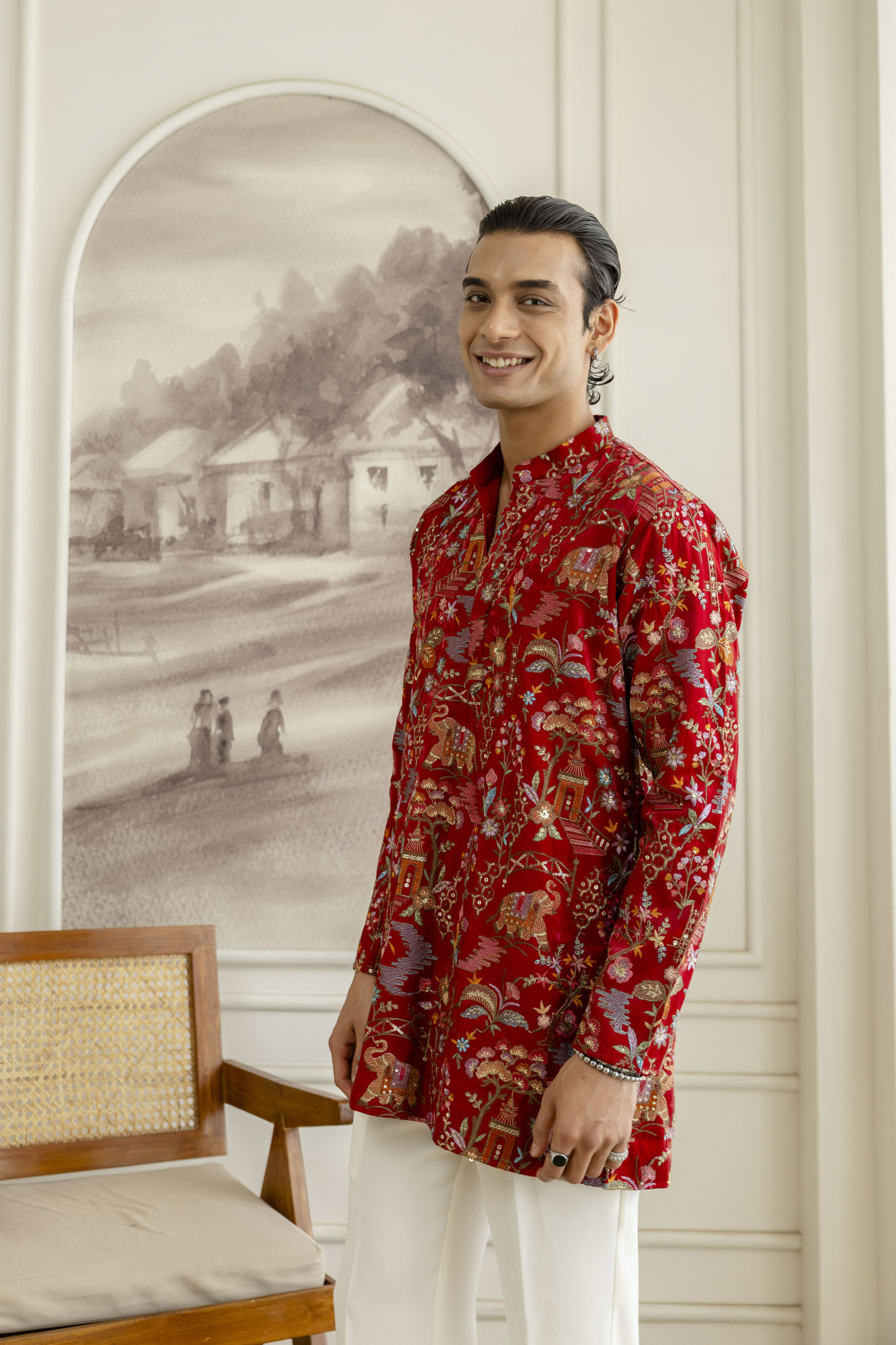 Embroidered Short Kurta In Red Silk