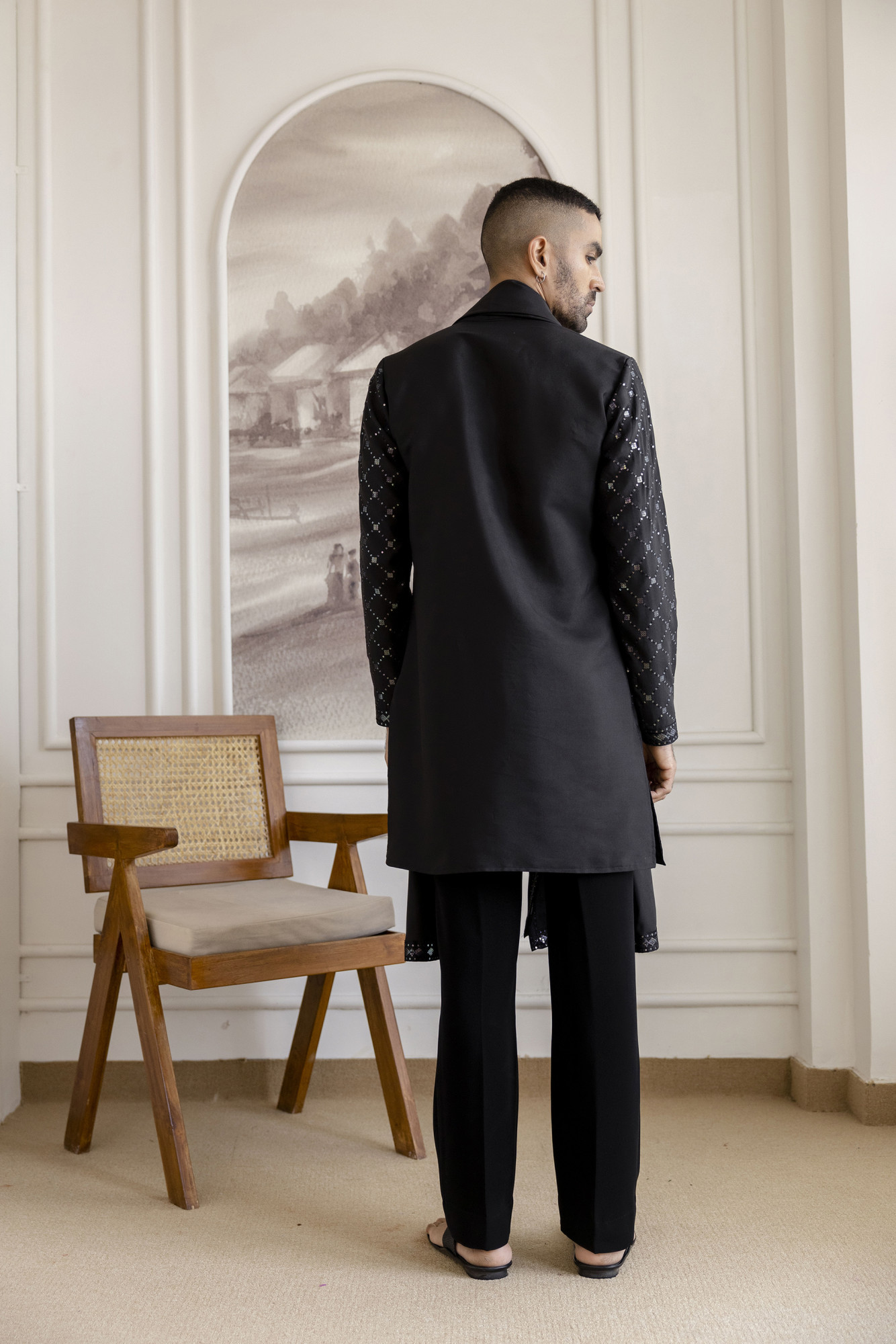 Sequence Work Kurta With Dupatta In Black