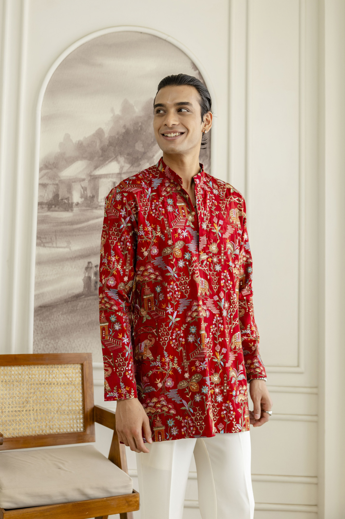 Embroidered Short Kurta In Red Silk