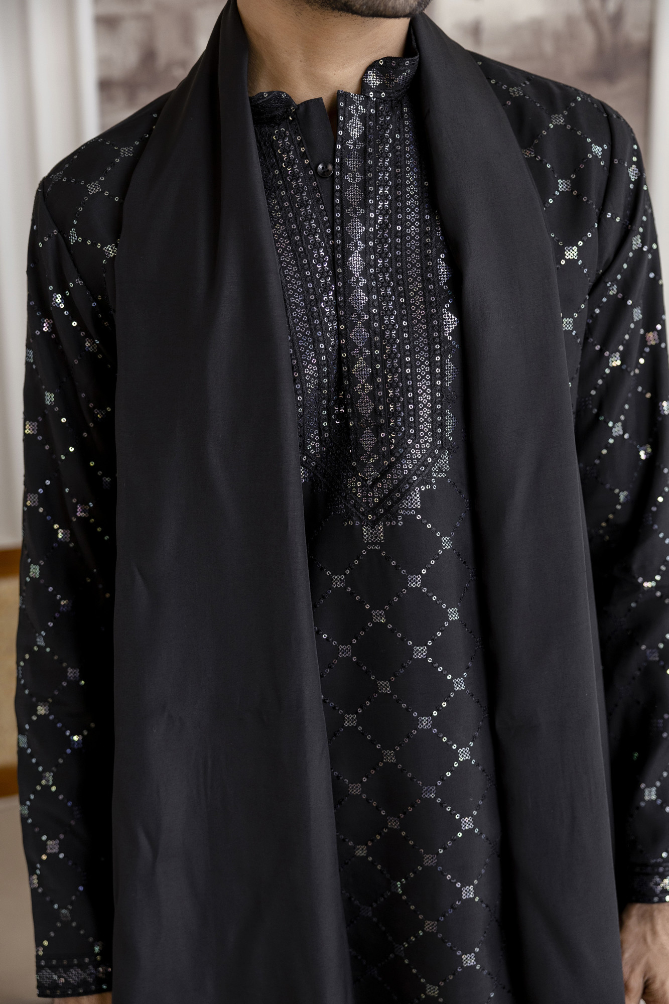 Sequence Work Kurta With Dupatta In Black