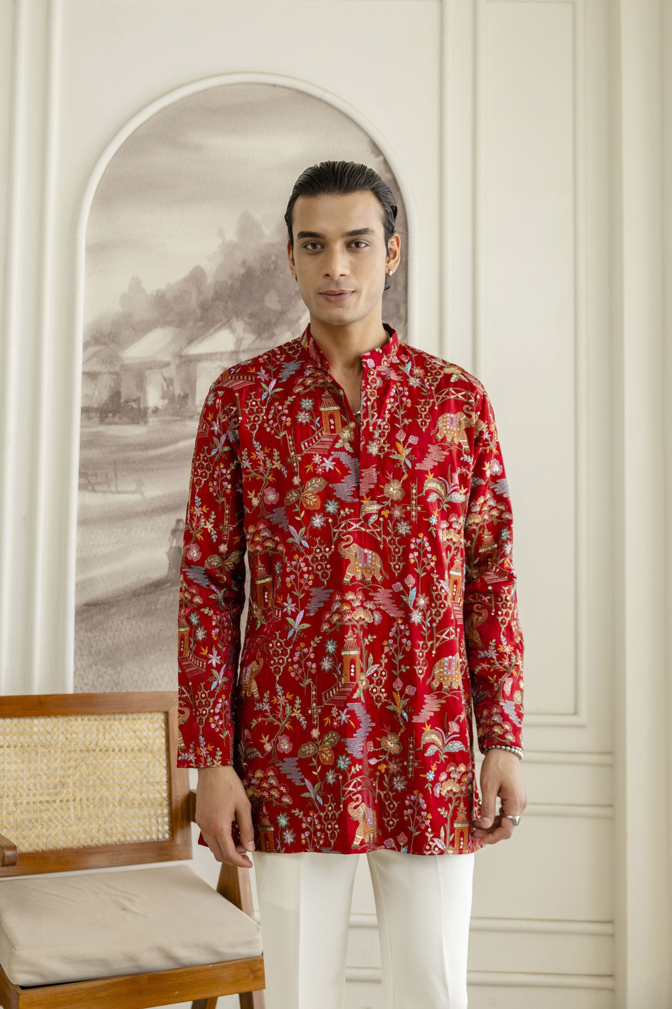 Embroidered Short Kurta In Red Silk