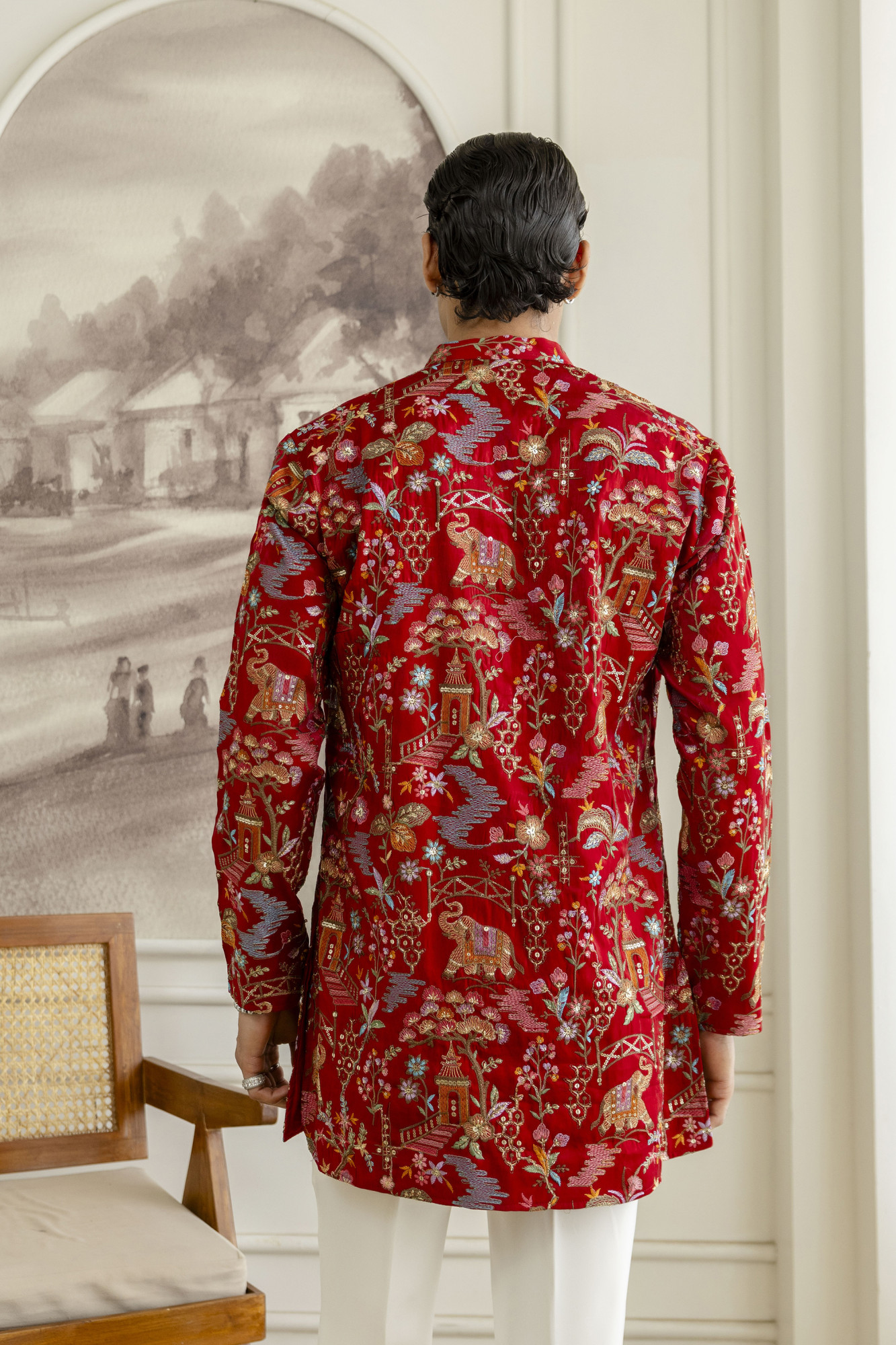 Embroidered Short Kurta In Red Silk