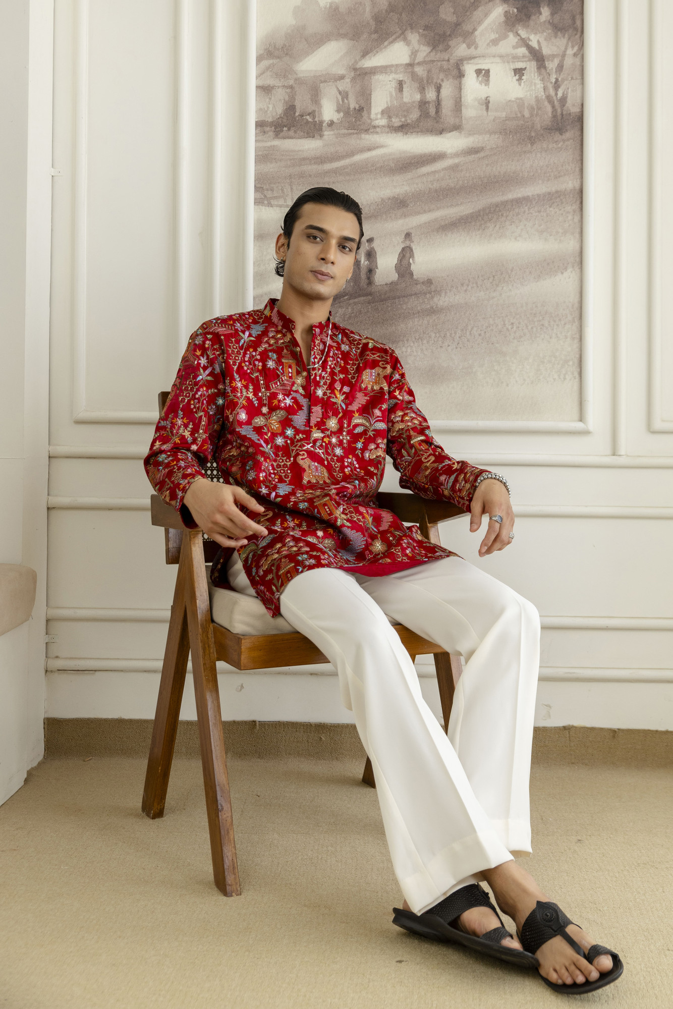 Embroidered Short Kurta In Red Silk