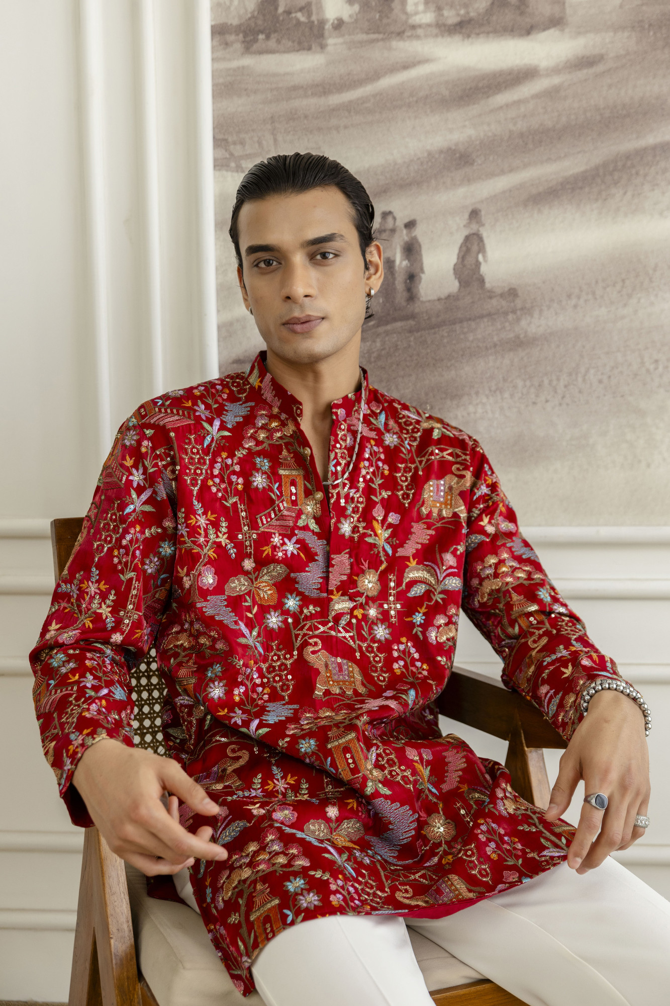 Embroidered Short Kurta In Red Silk