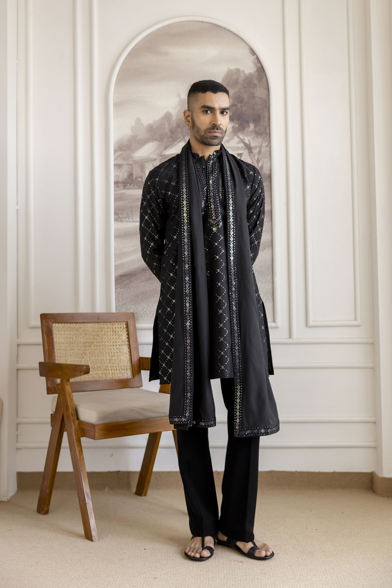 Sequence Work Kurta With Dupatta In Black
