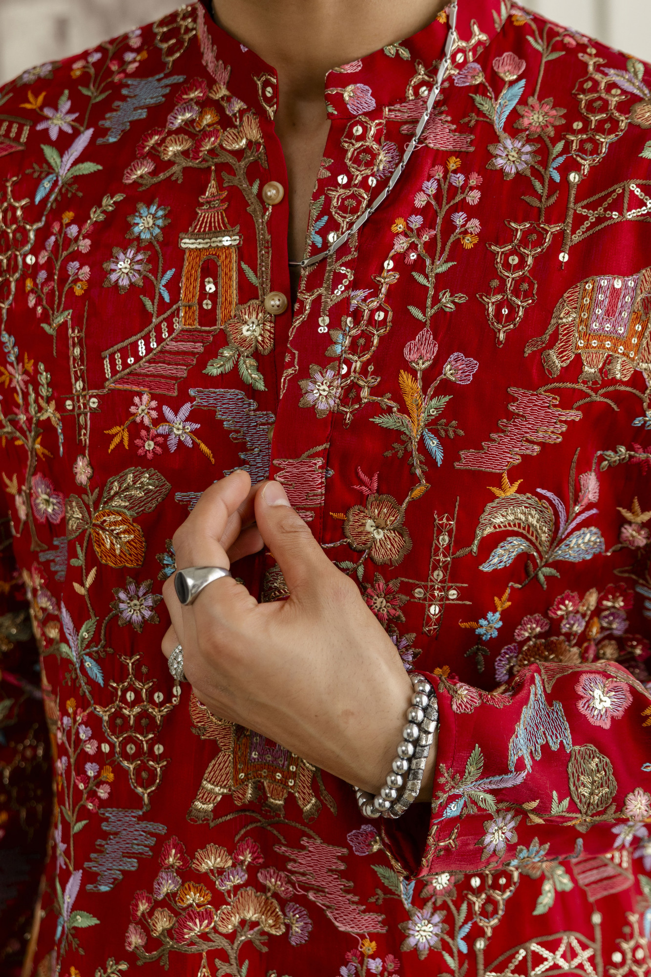 Embroidered Short Kurta In Red Silk