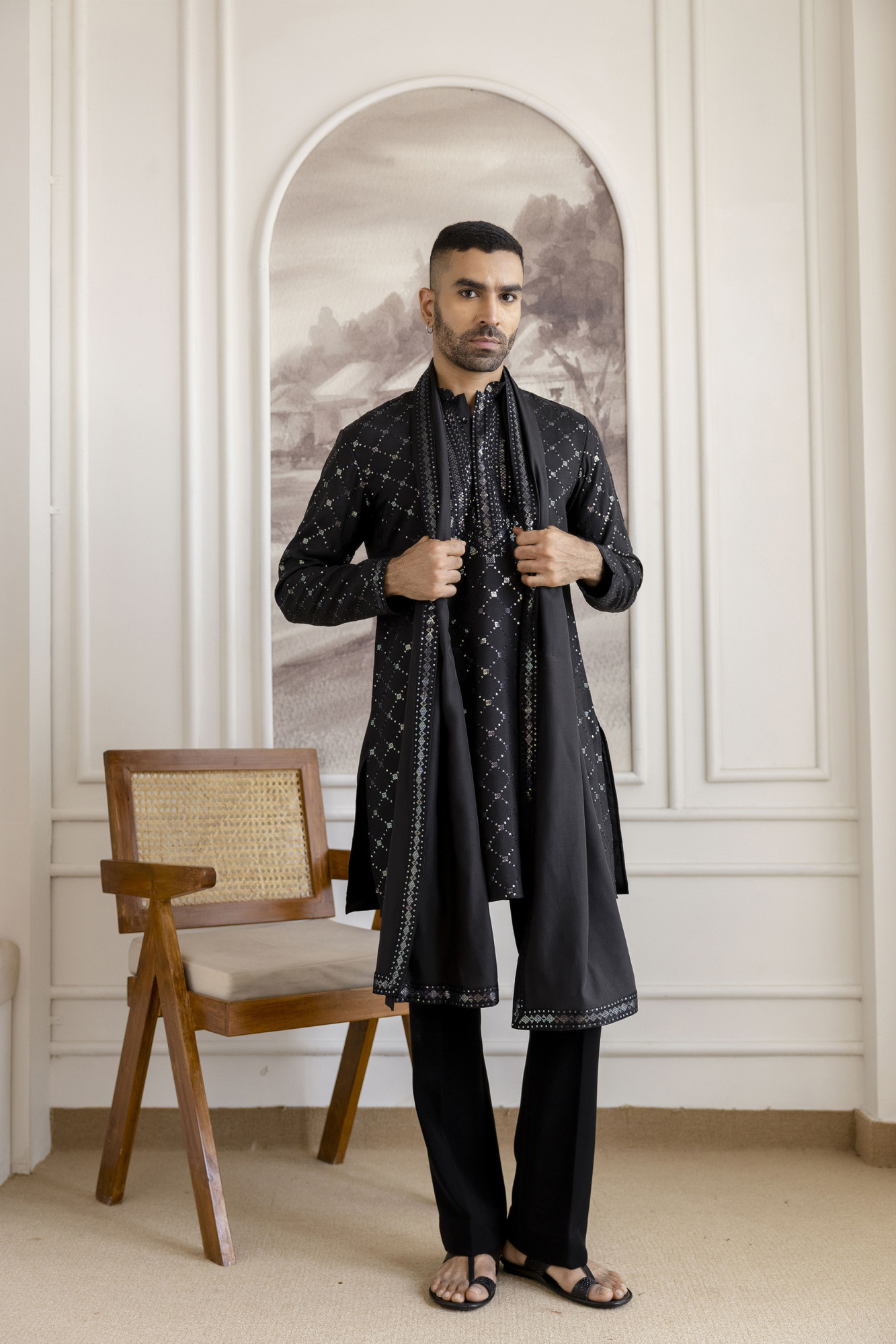 Sequence Work Kurta With Dupatta In Black