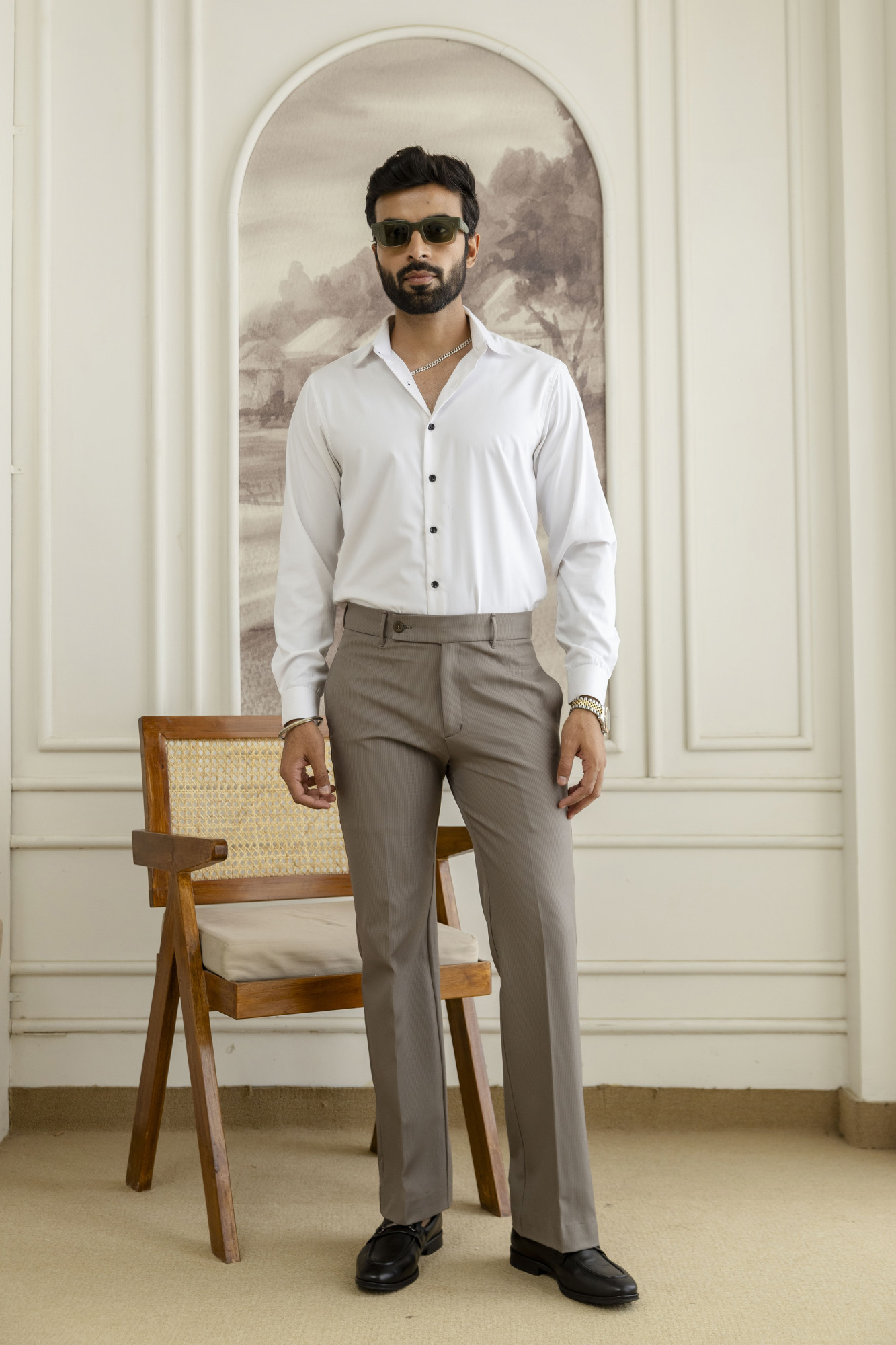 Striped Bootcut Pants In Dark Beige