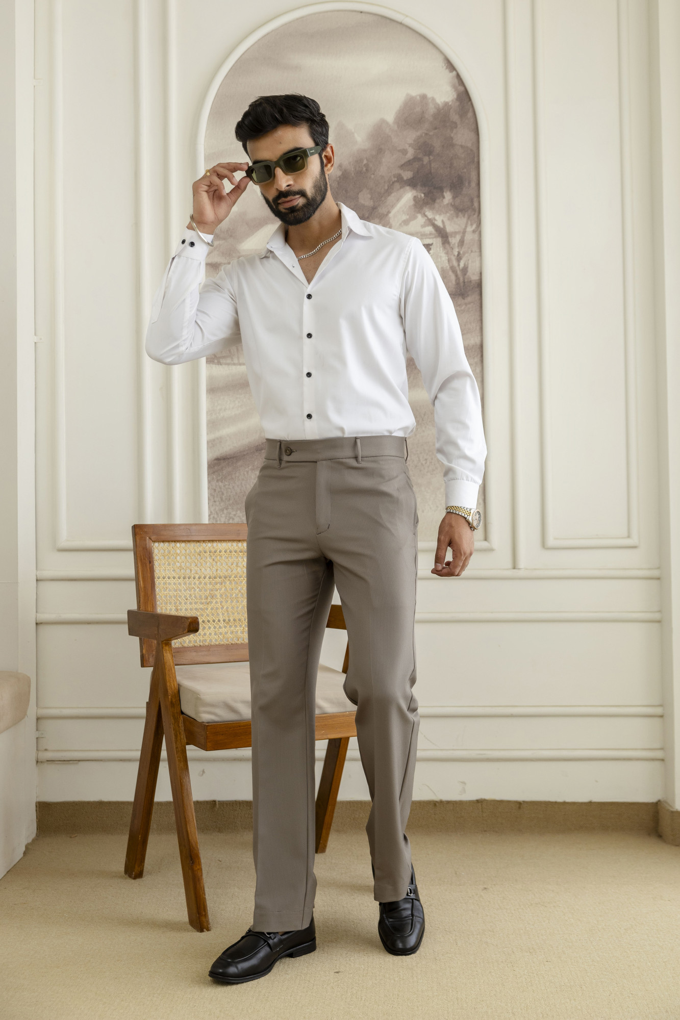 Striped Bootcut Pants In Dark Beige