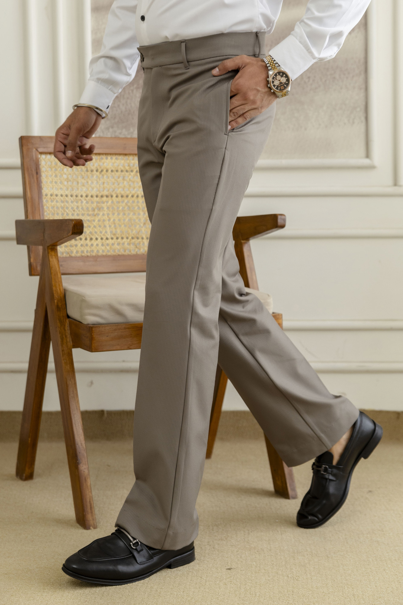 Striped Bootcut Pants In Dark Beige